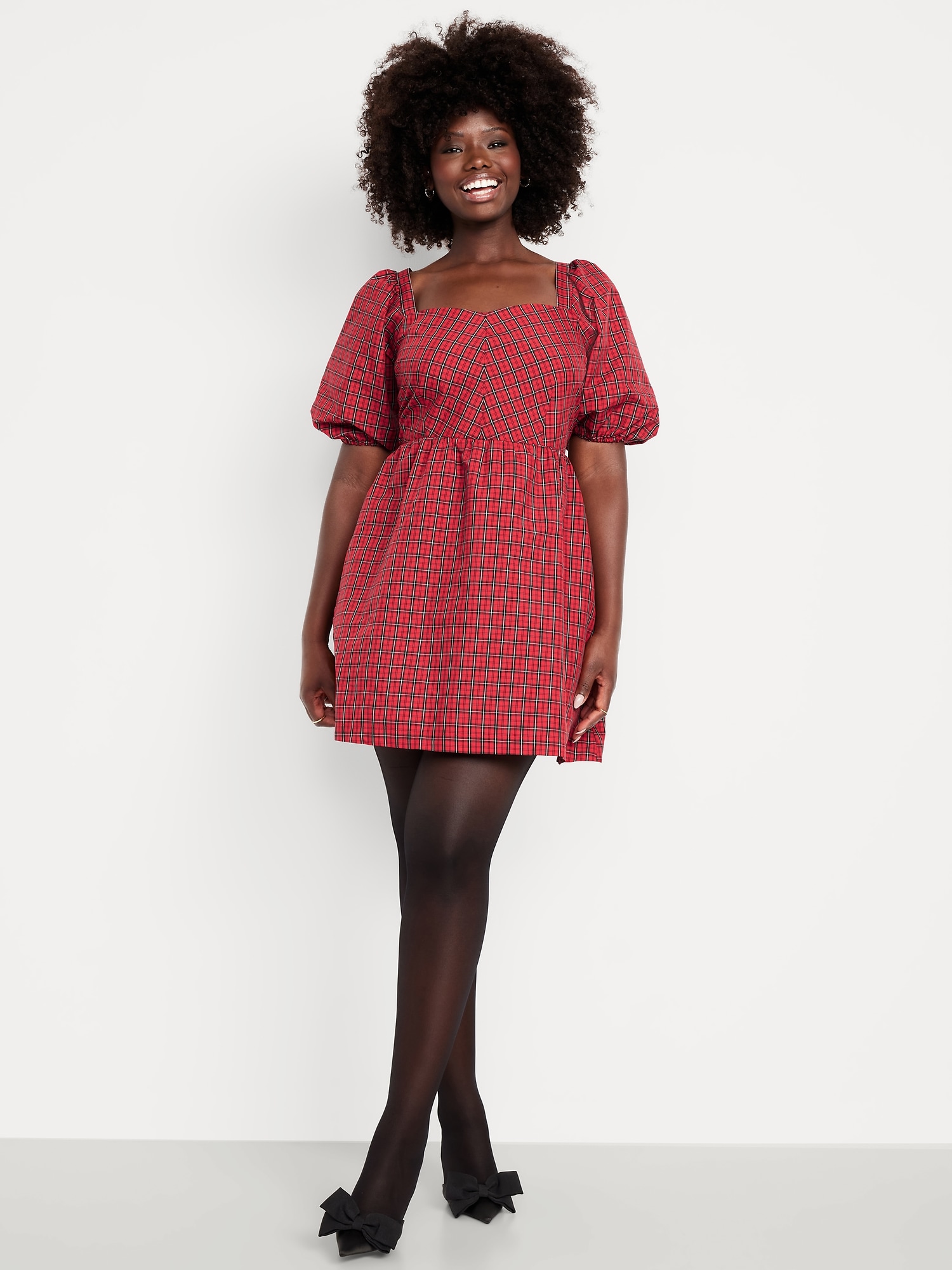 Puff-Sleeve Plaid Fit & Flare Taffeta Mini Dress