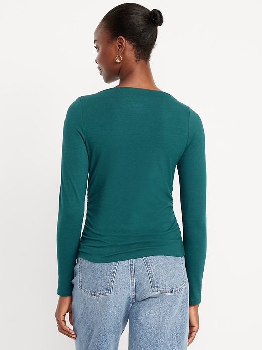 Image number 2 showing, Long-Sleeve Slit-Neck Ruched Top