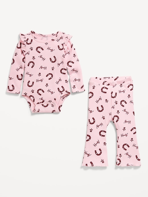 Image number 2 showing, Printed Ribbed Ruffle-Trim Bodysuit and Pants Set for Baby