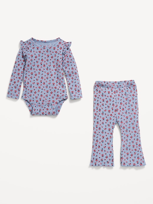 Image number 2 showing, Printed Ribbed Ruffle-Trim Bodysuit and Pants Set for Baby