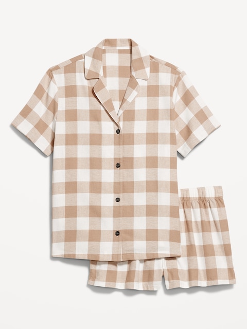 Plaid Flannel Pajama Short Set for Women - Neutral Plaid (Match The Fam!)