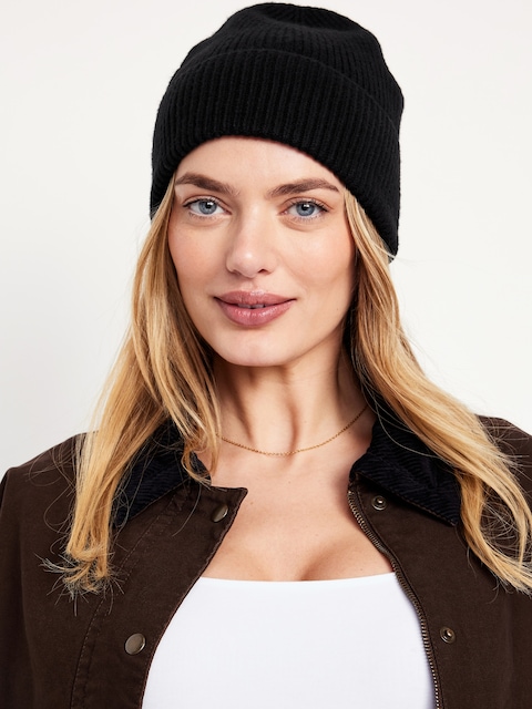 Rib-Knit Cuffed Beanie for Women - Black Jack