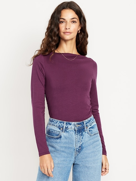 Image number 1 showing, Long-Sleeve Slit-Neck Ruched Top