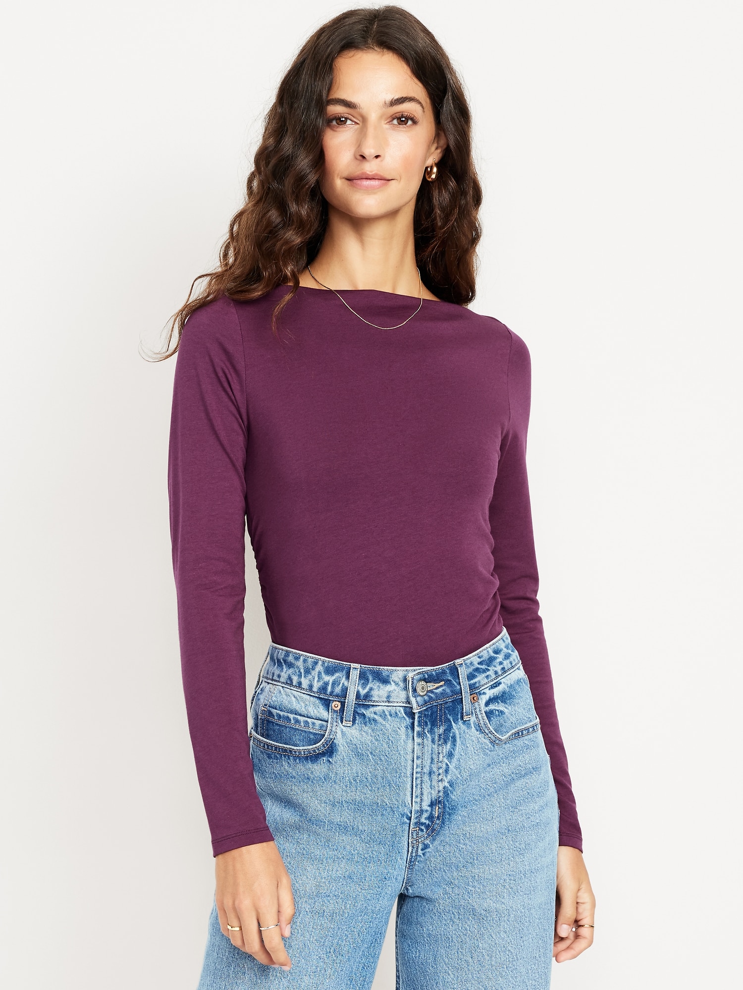 Long-Sleeve Slit-Neck Ruched Top