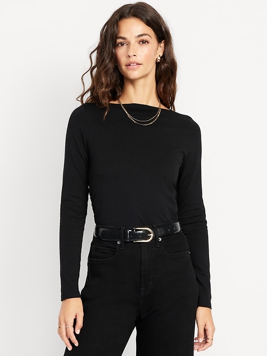 Image number 1 showing, Long-Sleeve Slit-Neck Ruched Top