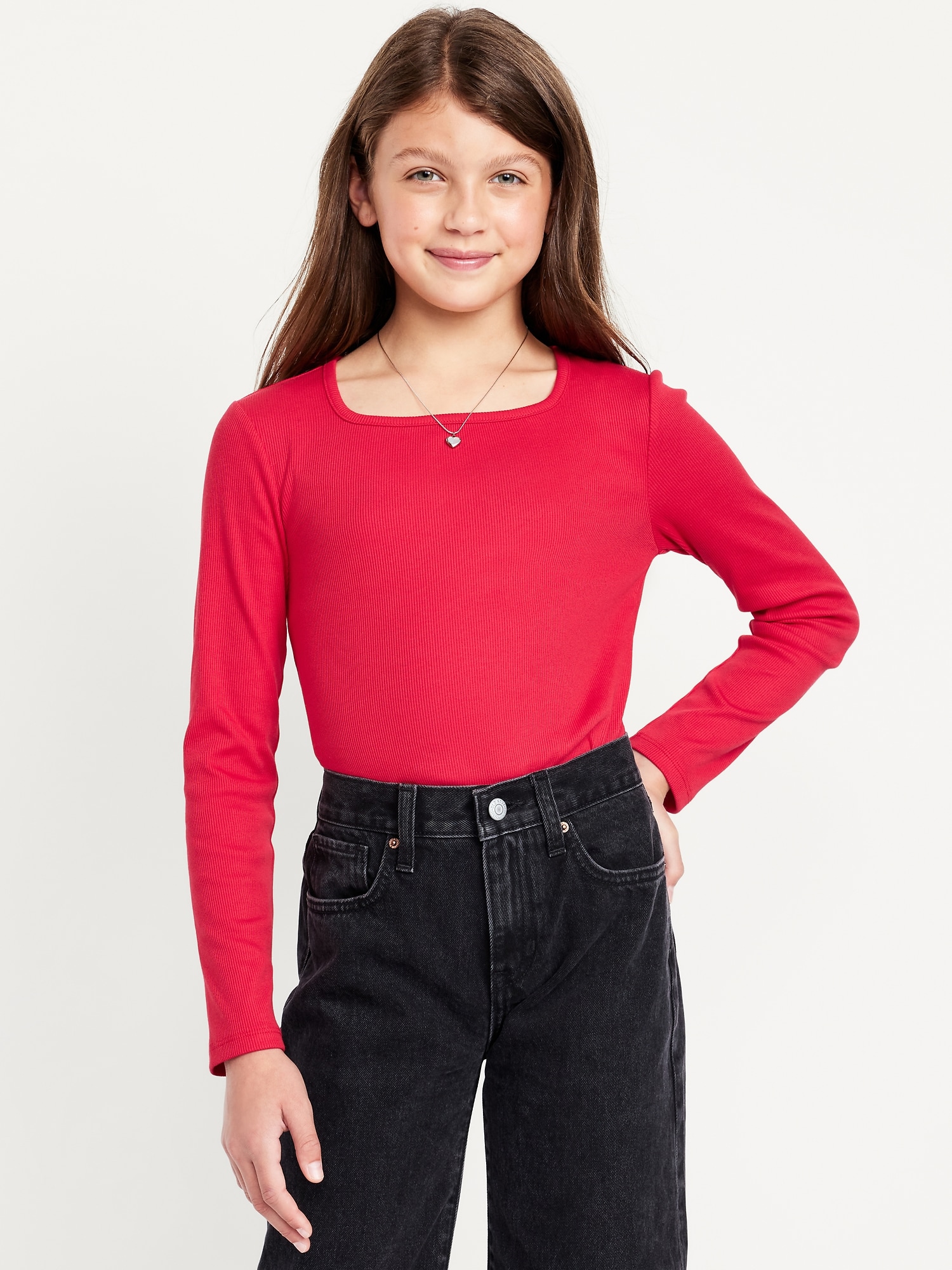 Printed Fitted Long-Sleeve Ribbed Top for Girls