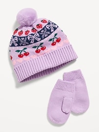 Image number 1 showing, Pom-Pom Beanie and Mittens Set for Toddler Girls
