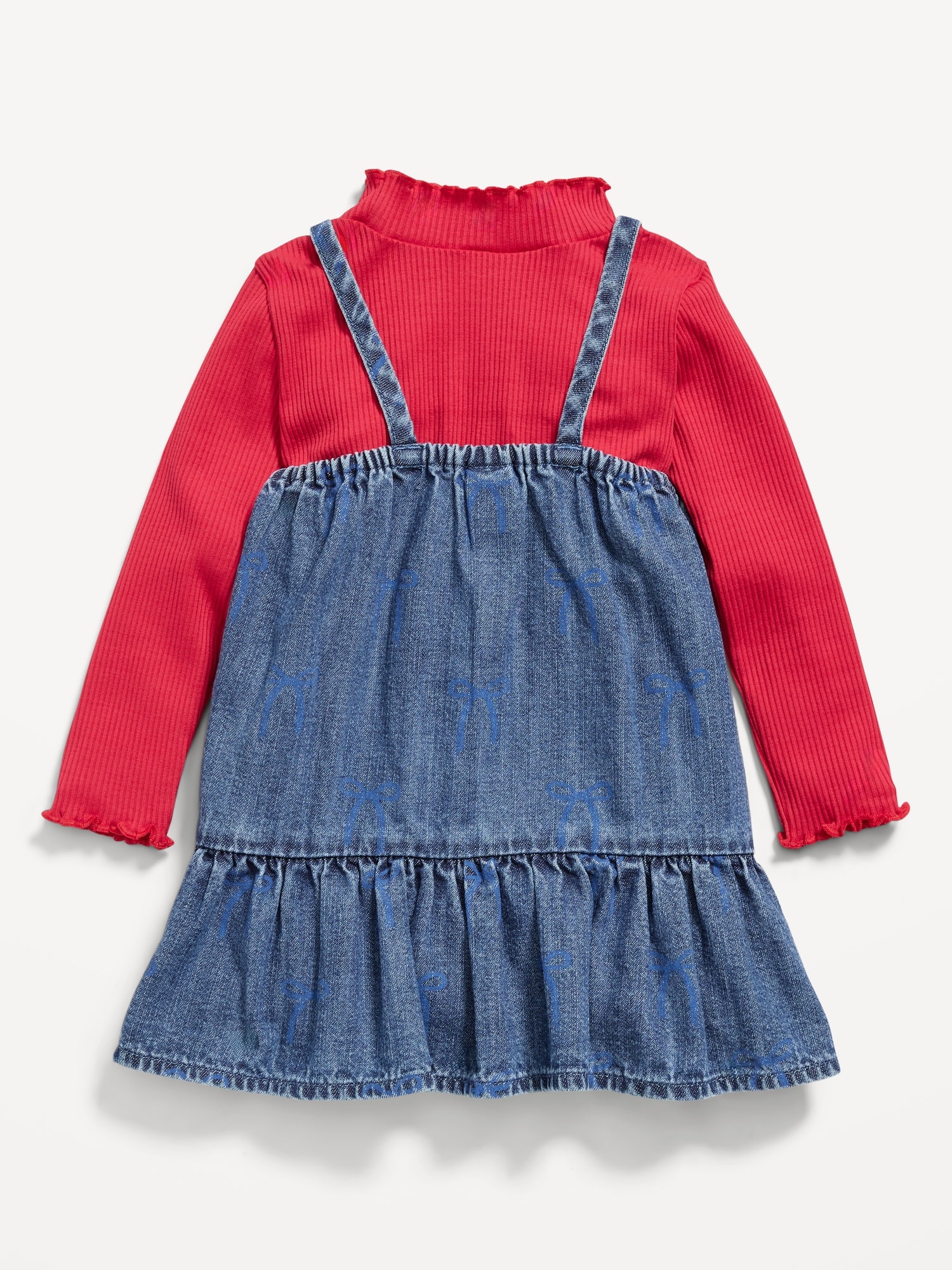 Mock-Neck Ribbed T-Shirt and Tiered Chambray Dress Set for Baby