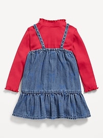 Image number 3 showing, Mock-Neck Ribbed T-Shirt and Tiered Chambray Dress Set for Baby