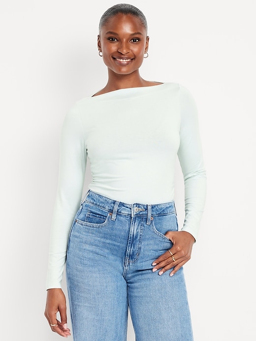 Image number 1 showing, Long-Sleeve Slit-Neck Ruched Top