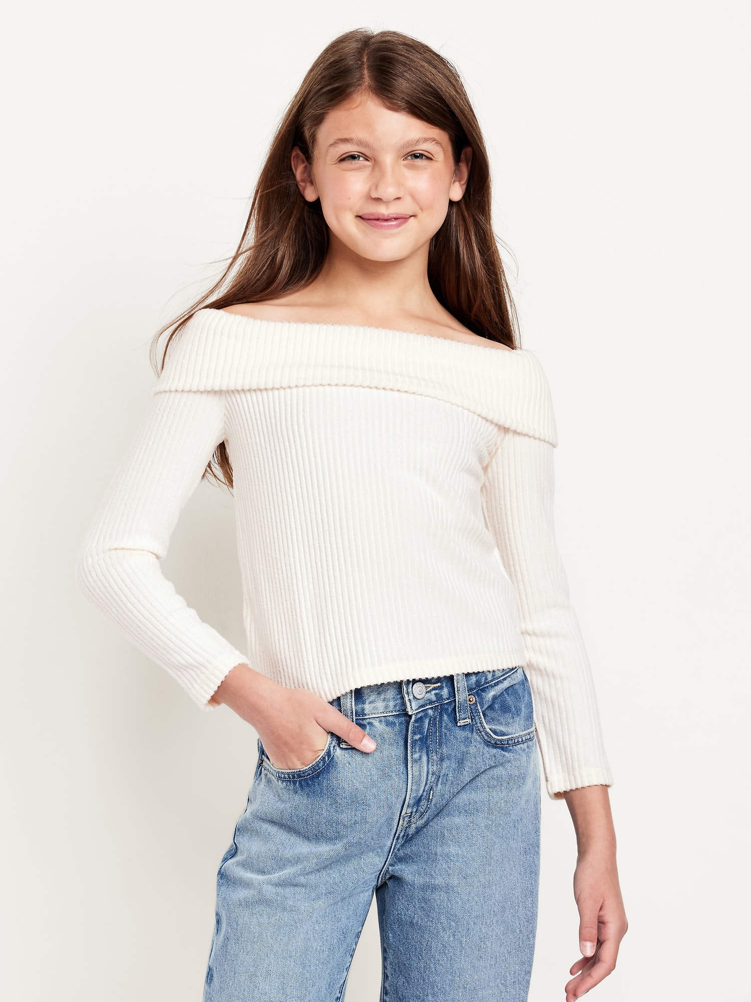 CozePlush Off-Shoulder Long-Sleeve Ribbed Top for Girls