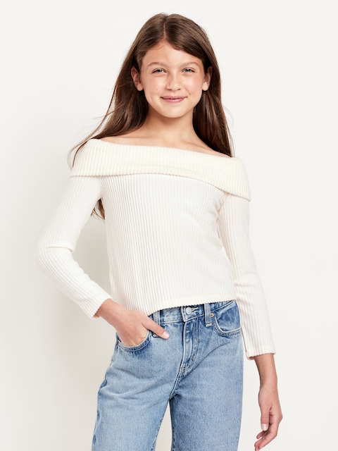 CozePlush Off-Shoulder Long-Sleeve Ribbed Top for Girls - Creme De La Creme