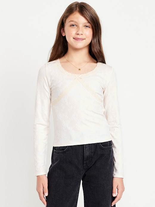 Image number 1 showing, Fitted Long-Sleeve Lace-Trim Top for Girls