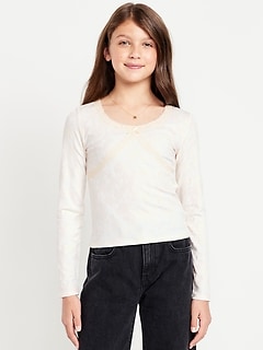 Fitted Long-Sleeve Lace-Trim Top for Girls
