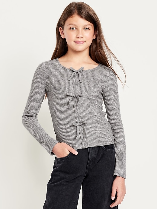 Image number 1 showing, Fitted Long-Sleeve Ribbed Bow-Tie Top for Girls