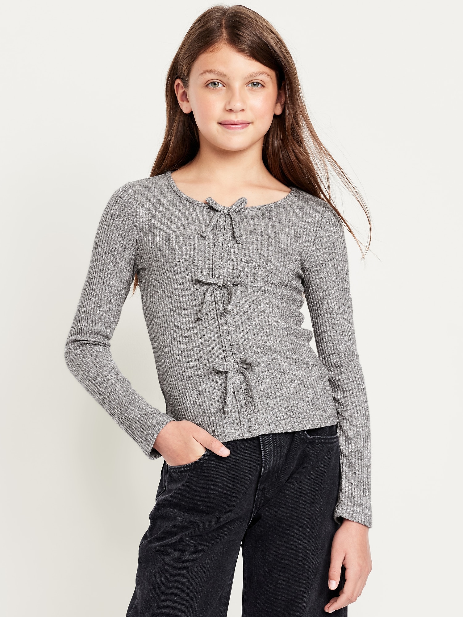 Fitted Long-Sleeve Ribbed Bow-Tie Top for Girls