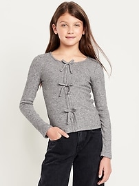 Image number 1 showing, Fitted Long-Sleeve Ribbed Bow-Tie Top for Girls