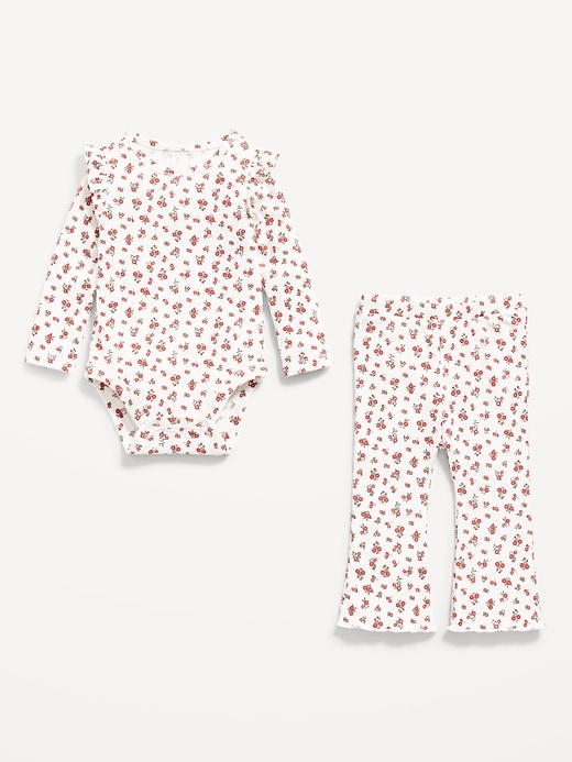 Image number 2 showing, Printed Ribbed Ruffle-Trim Bodysuit and Pants Set for Baby
