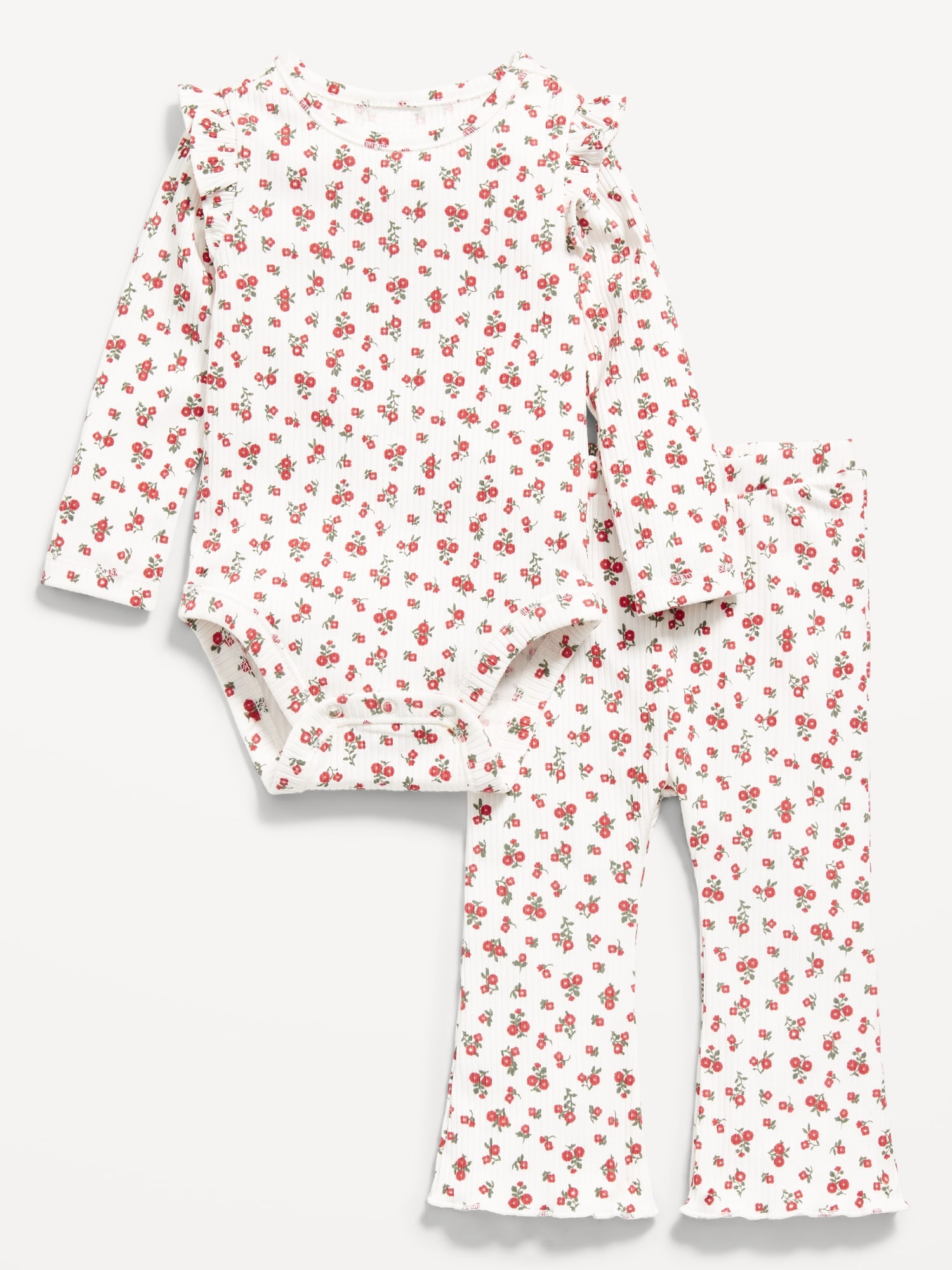 Printed Ribbed Ruffle-Trim Bodysuit and Pants Set for Baby