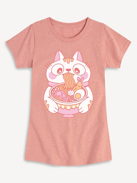 Ramen Cat Fitted Short Sleeve T-Shirt For Girls - Desert Pink