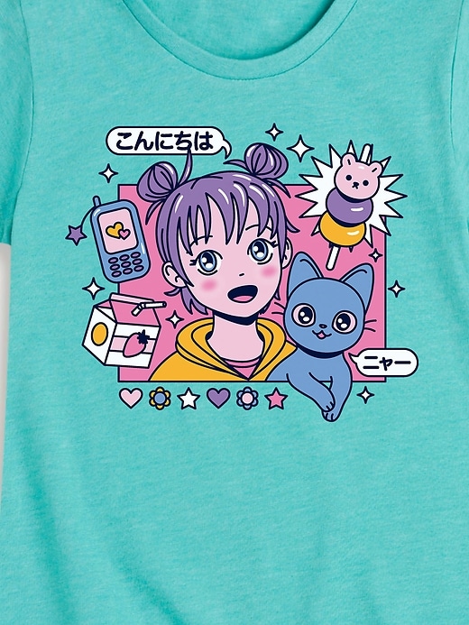 Image number 2 showing, Anime Girl And Cat Fitted Short Sleeve T-Shirt For Girls