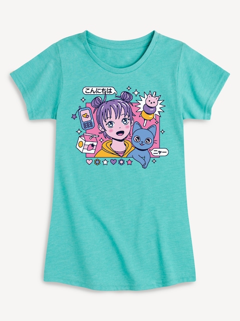 Anime Girl And Cat Fitted Short Sleeve T-Shirt For Girls - Turquoise