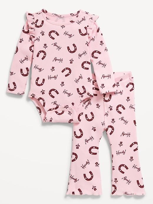 Image number 1 showing, Printed Ribbed Ruffle-Trim Bodysuit and Pants Set for Baby