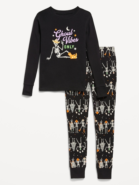 Gender-Neutral Snug-Fit Graphic Pajama Set for Kids - Skeleton Black (Match The Fam!)
