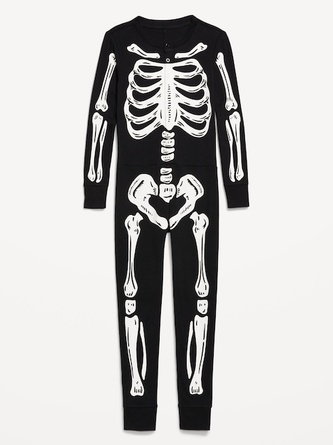 Snug-Fit Gender-Neutral One-Piece Pajama for Kids - Black Skeleton
