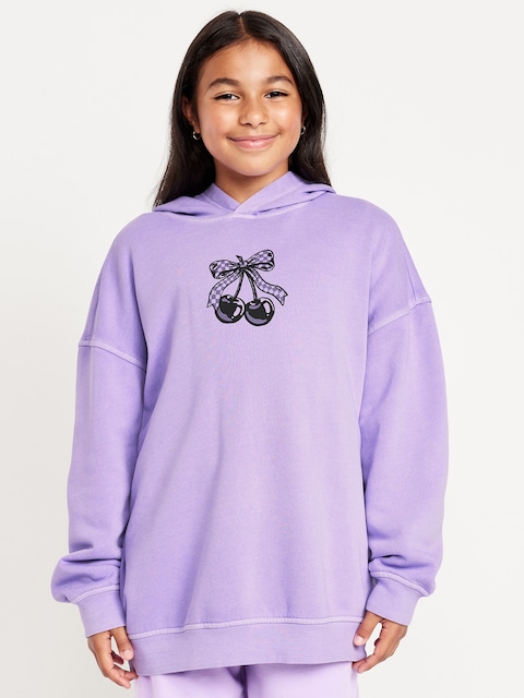 Oversized Graphic Tunic Pullover Hoodie for Girls - Purple