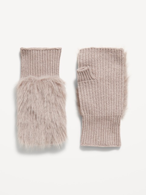 Faux-Fur Fingerless Gloves for Women - Taupe