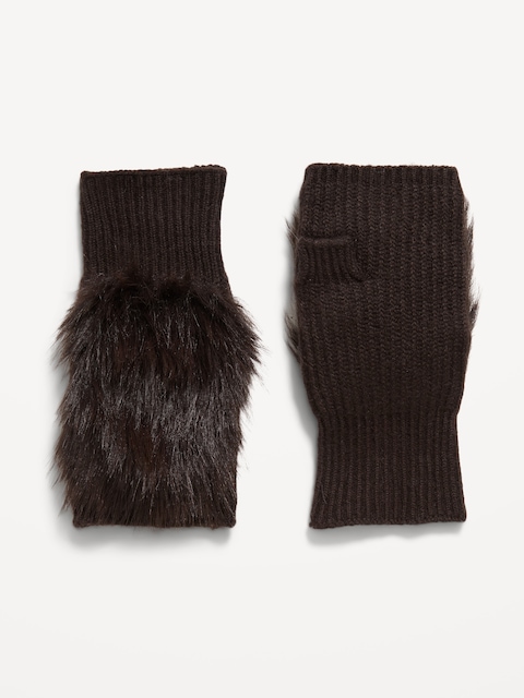 Faux-Fur Fingerless Gloves for Women - Black Coffee