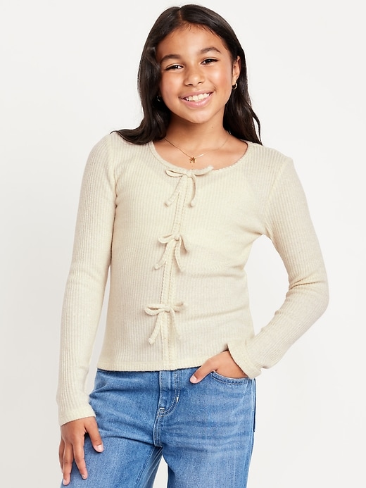 Image number 1 showing, Fitted Long-Sleeve Ribbed Bow-Tie Top for Girls