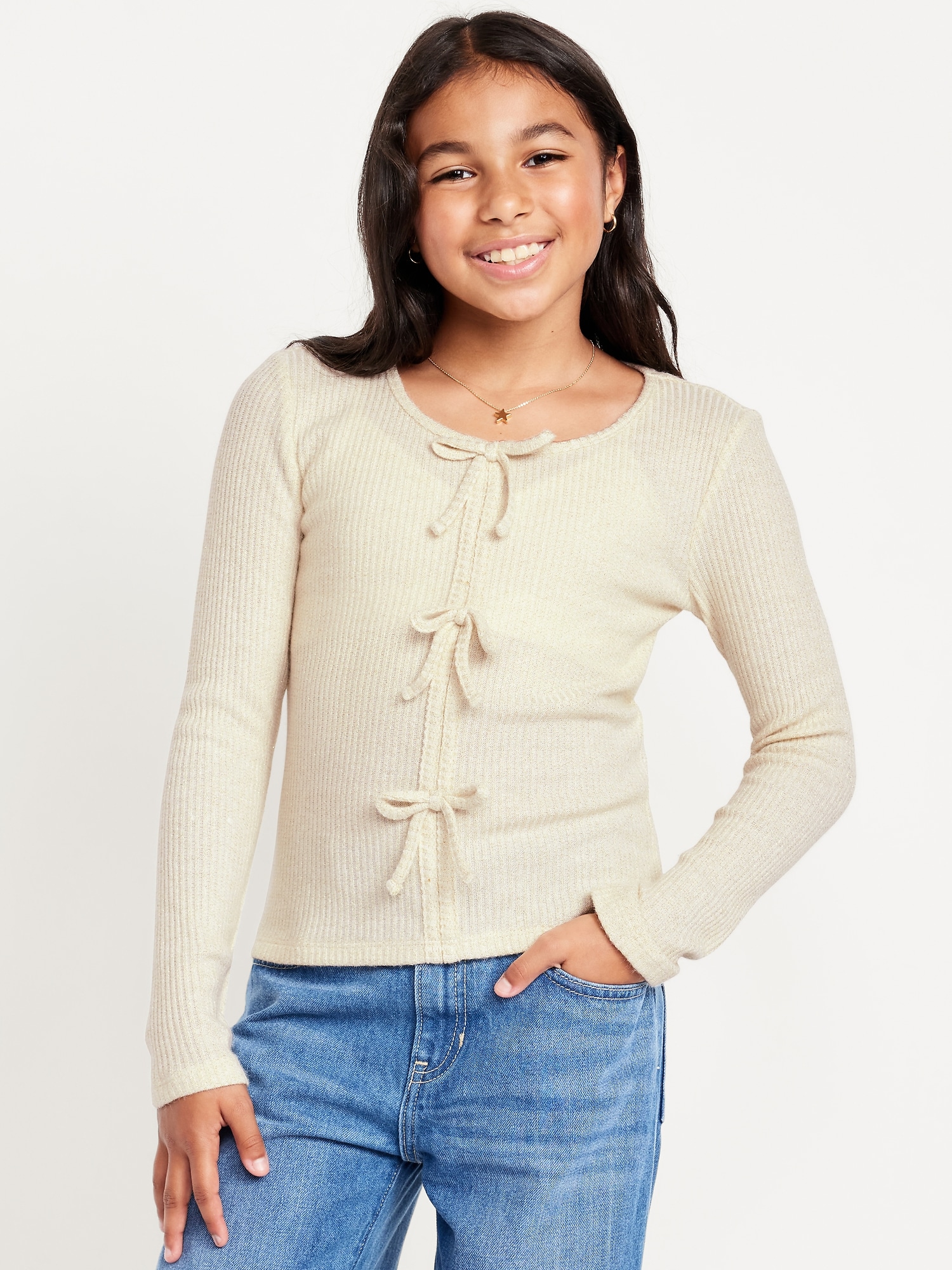 Fitted Long-Sleeve Ribbed Bow-Tie Top for Girls