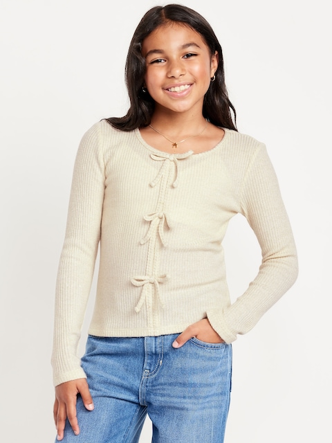 Fitted Long-Sleeve Ribbed Bow-Tie Top for Girls