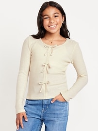 Image number 1 showing, Fitted Long-Sleeve Ribbed Bow-Tie Top for Girls