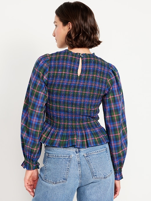 Image number 2 showing, Long-Sleeve Plaid Smocked Top