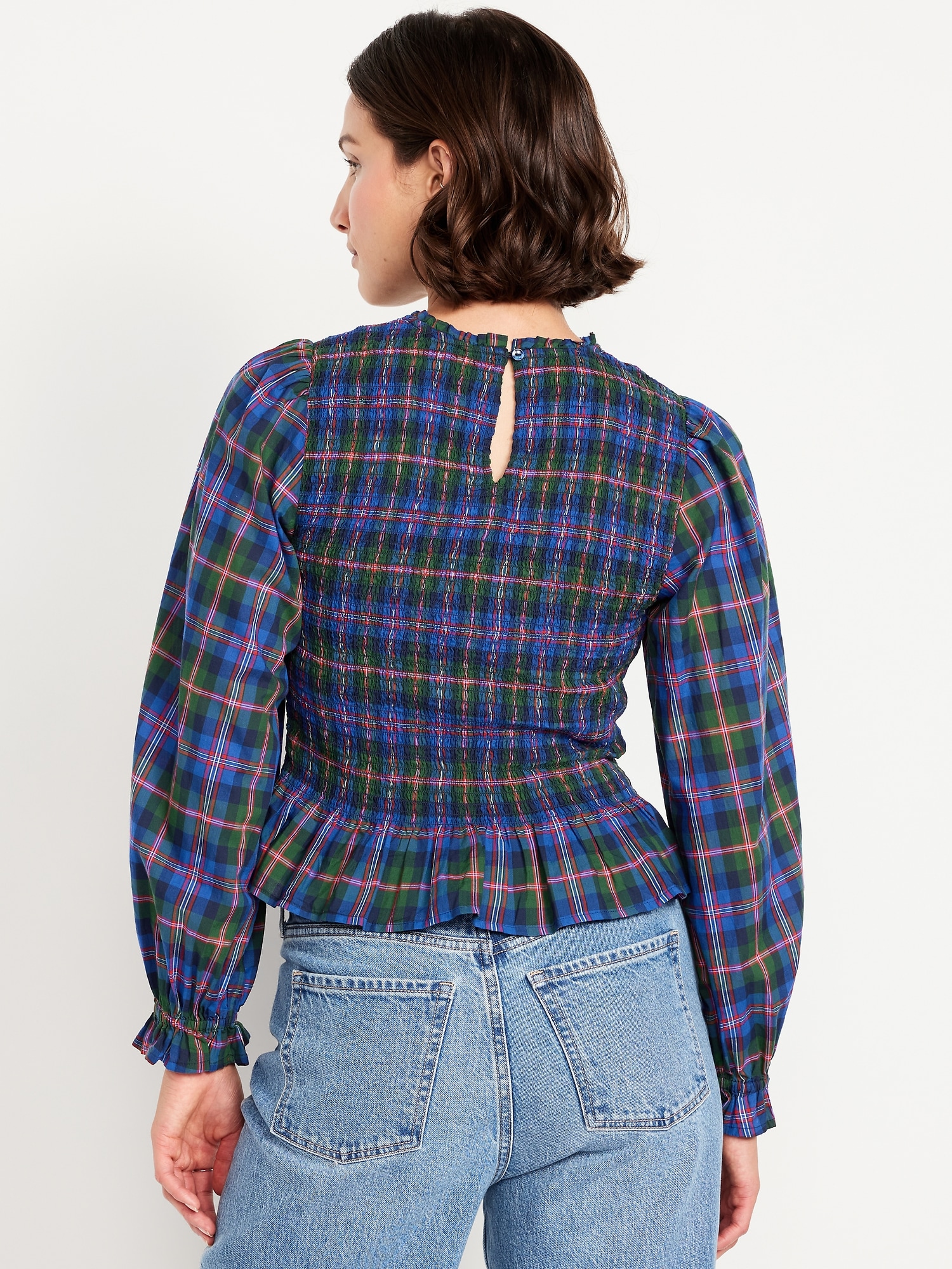 Long-Sleeve Plaid Smocked Top