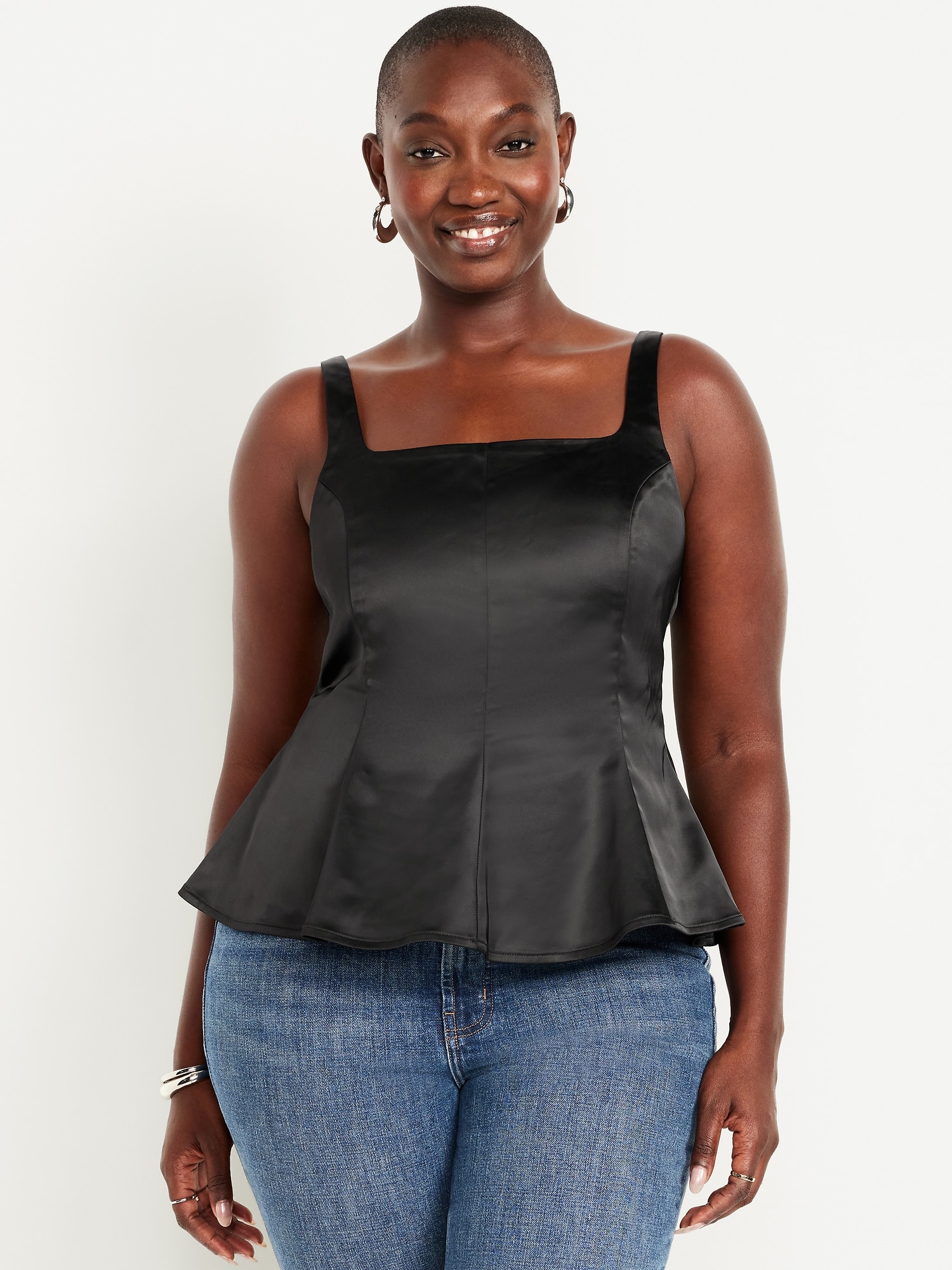 Square-Neck Satin Peplum Top