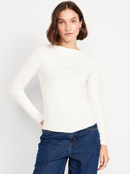 Image number 1 showing, Long-Sleeve Slit-Neck Ruched Top