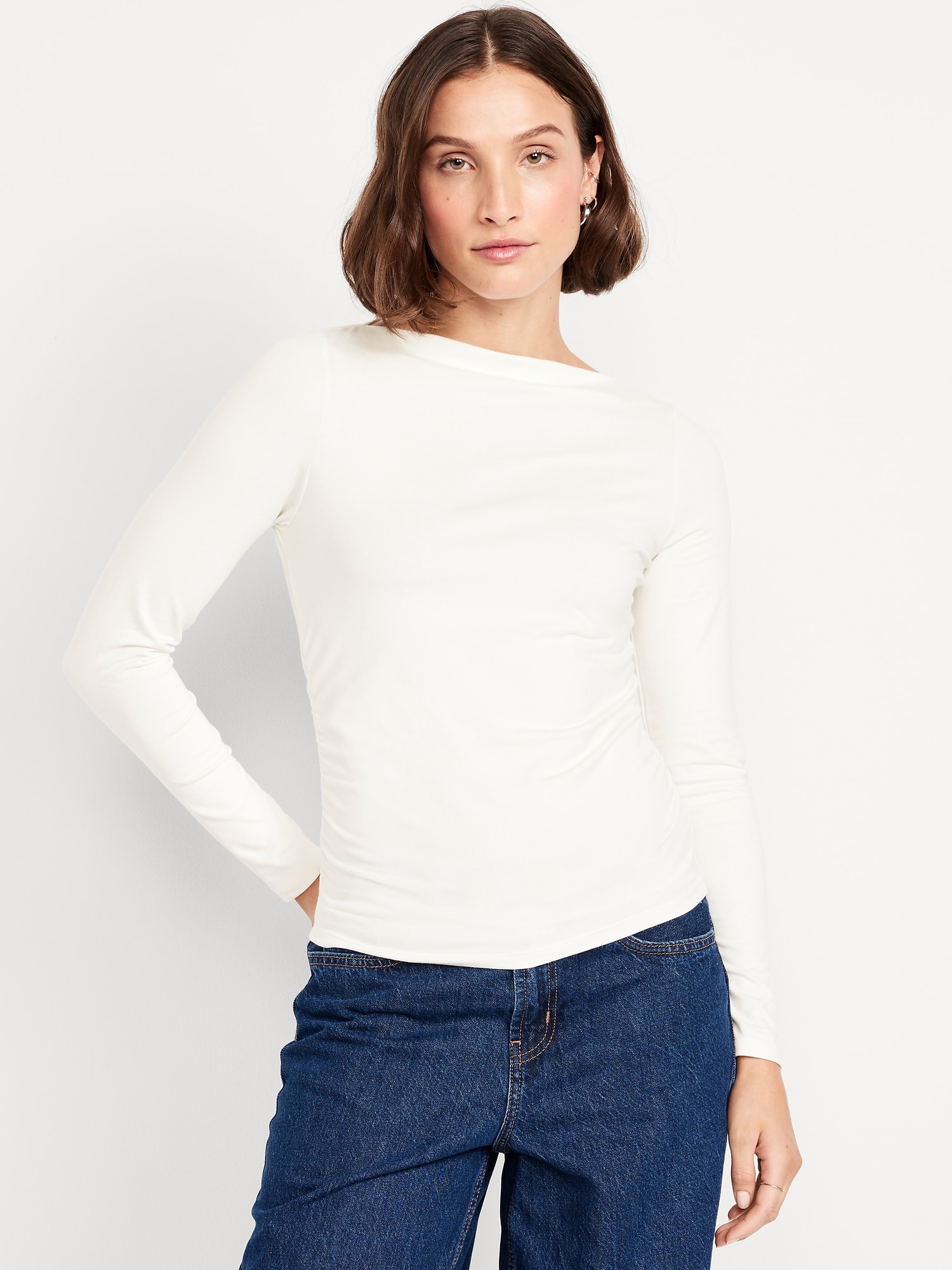 Long-Sleeve Slit-Neck Ruched Top