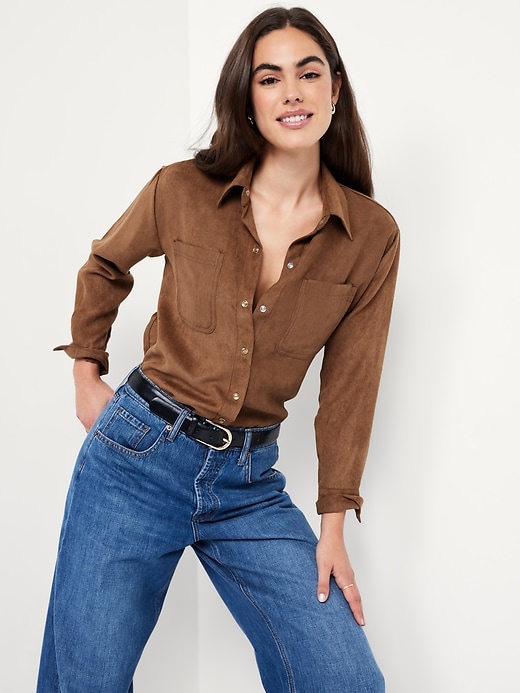 Image number 3 showing, Button-Down Faux-Suede Boyfriend Shirt