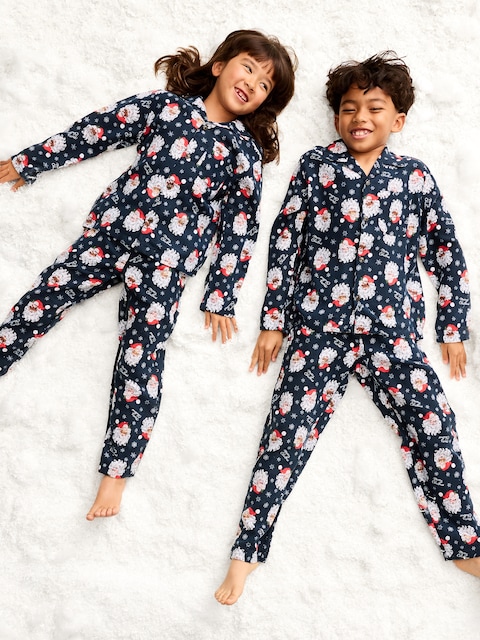 Printed Gender-Neutral Button-Front Pajama Set for Kids - Jolly Santa (Match The Fam!)