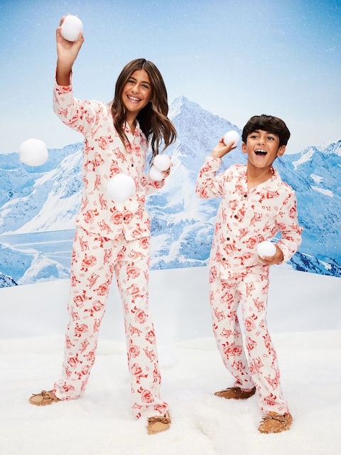 Printed Gender-Neutral Button-Front Pajama Set for Kids - Santa And Reindeer (Match The Fam!)