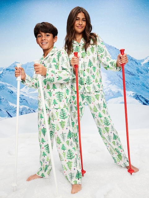 Printed Gender-Neutral Button-Front Pajama Set for Kids - Christmas Tree (Match The Fam!)