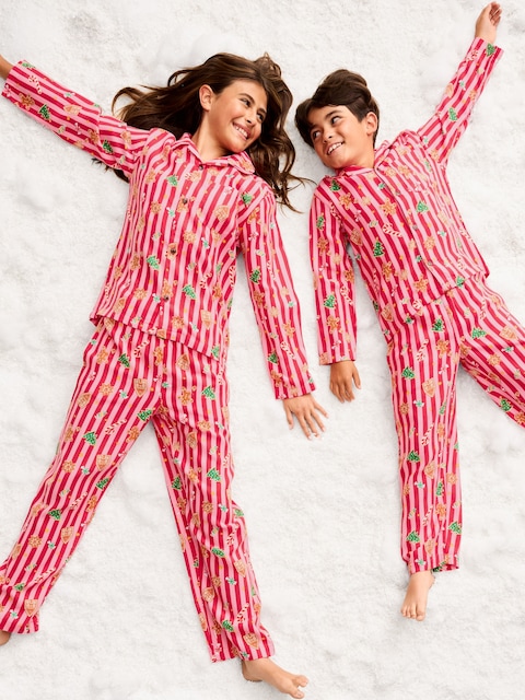 Printed Gender-Neutral Button-Front Pajama Set for Kids - Holiday Stripes (Match The Fam!)