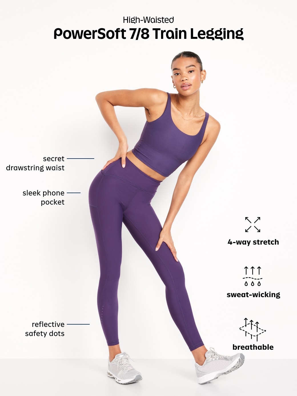 High-Waisted PowerSoft Train 7/8 Run Leggings | Old Navy