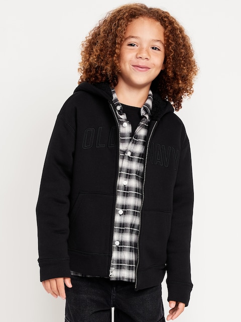 Logo-Graphic Sherpa-Lined Zip Hoodie for Boys - Blackjack