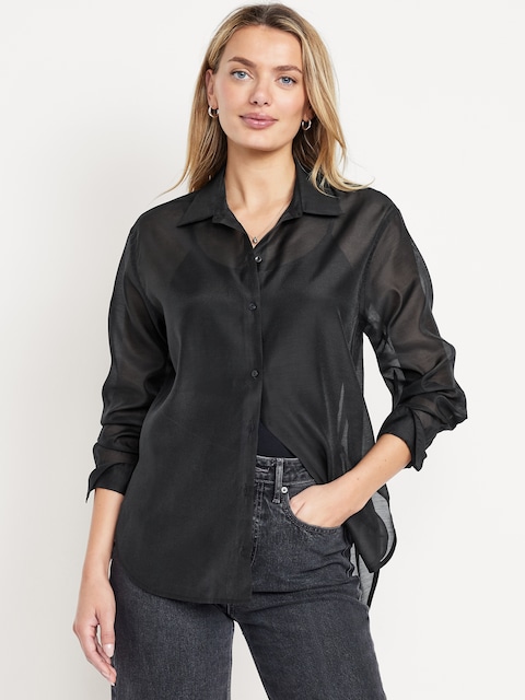 Loose Button-Down Organza Tunic Shirt - Black Jack