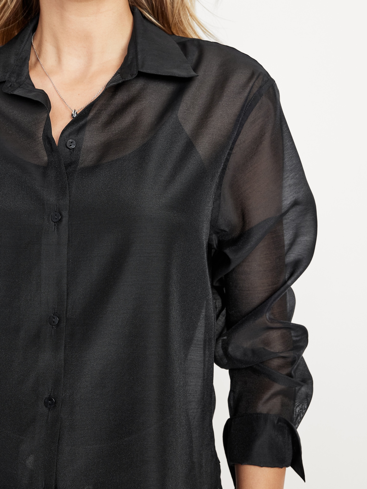 Loose Button-Down Organza Tunic Shirt